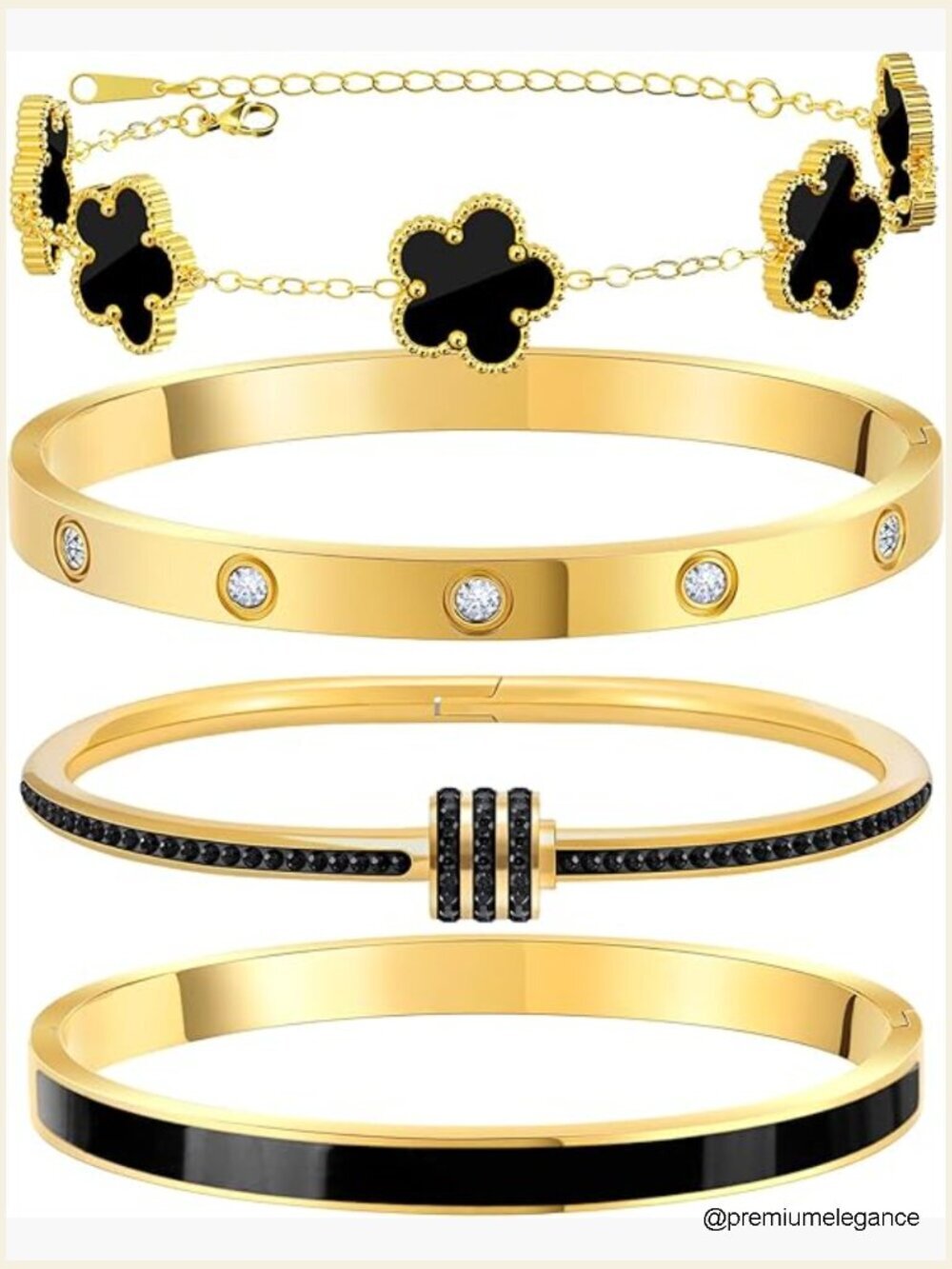 Tennis Nail Clover Bangle Bracelet Set 4 Pcs Stackable Gold